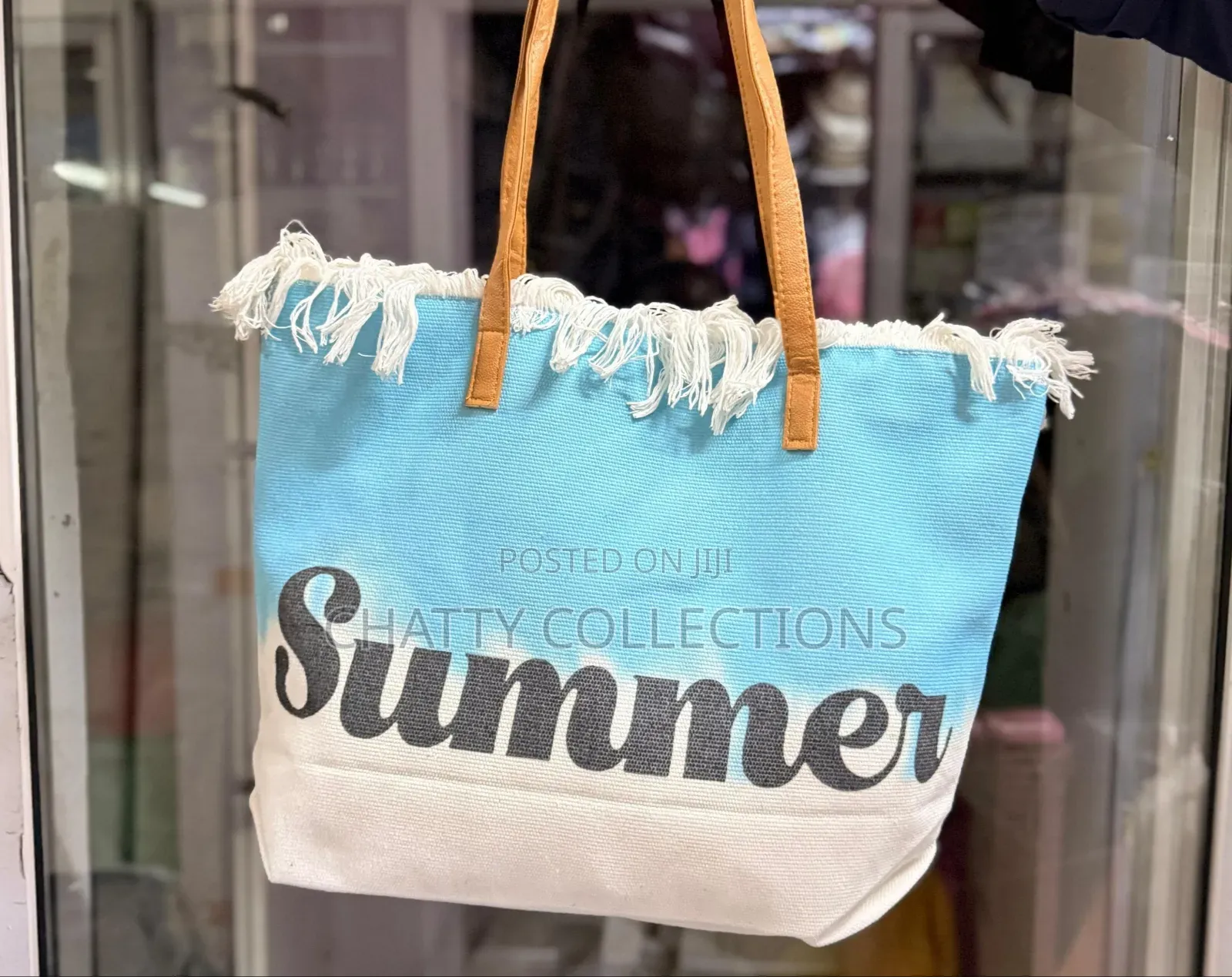 Blue Large Capacity Summer Bag With Zip and Leather Straps