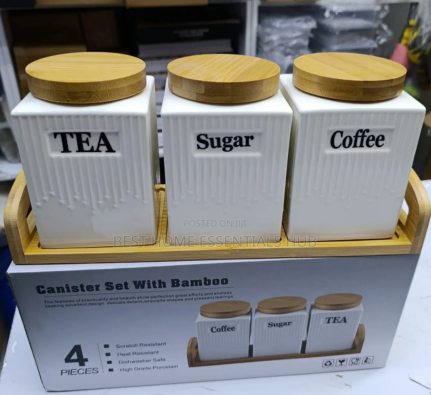 *3pc Ceramic Canister Set With Bamboo Lids