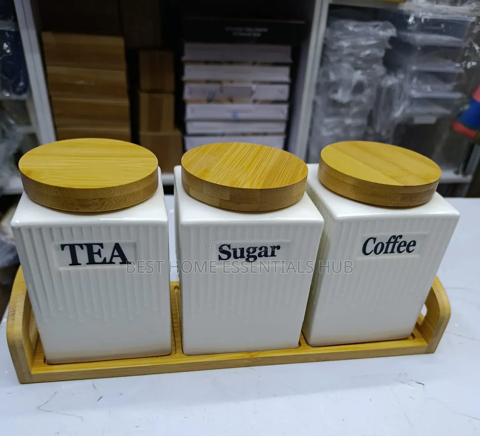 *3pc Ceramic Canister Set With Bamboo Lids