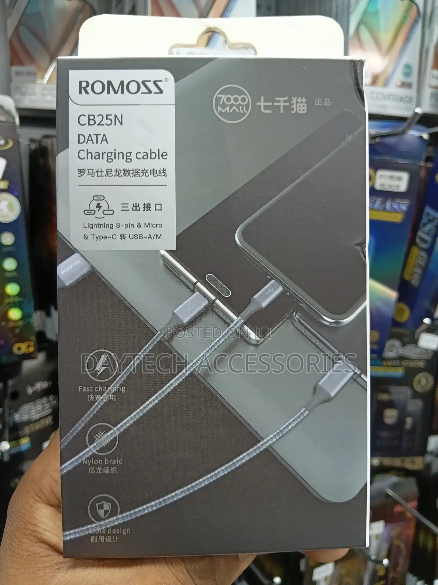 Premium Romoss 3 in 1 Fast Charging Cable 1.2m