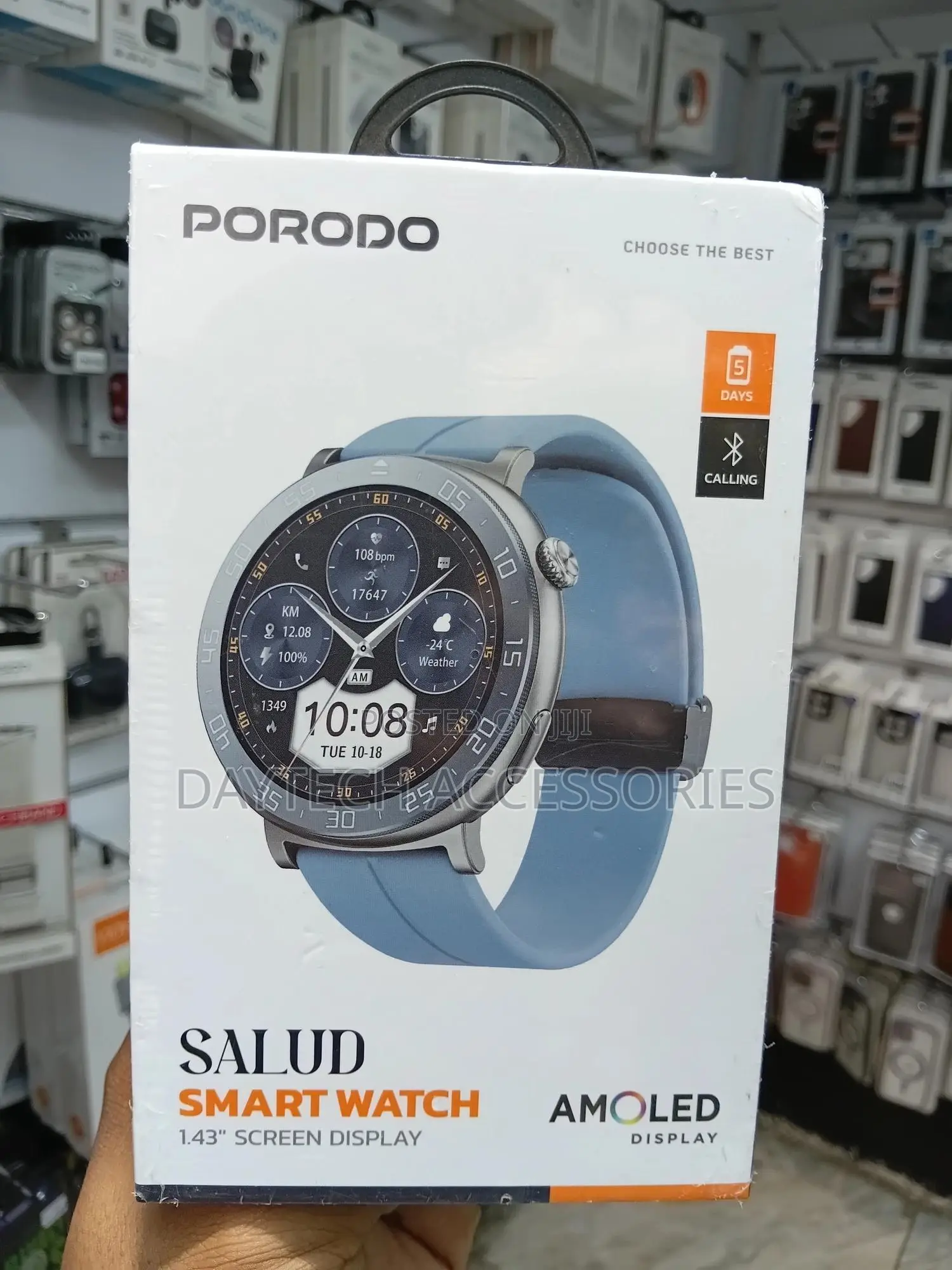 Porodo Smartwatch 1.43 Amoled Aluminum Bezel + Blue Silicone Strap