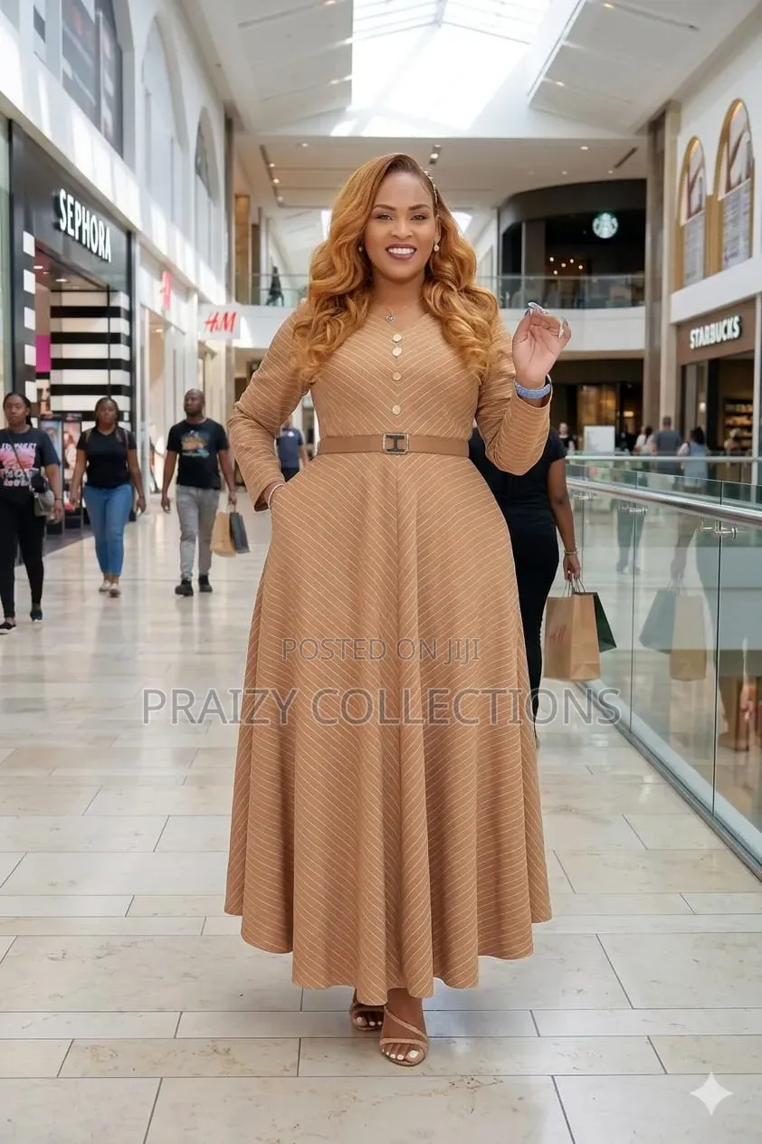 Inverted Striped Maxi Dress With Decor Buttons
