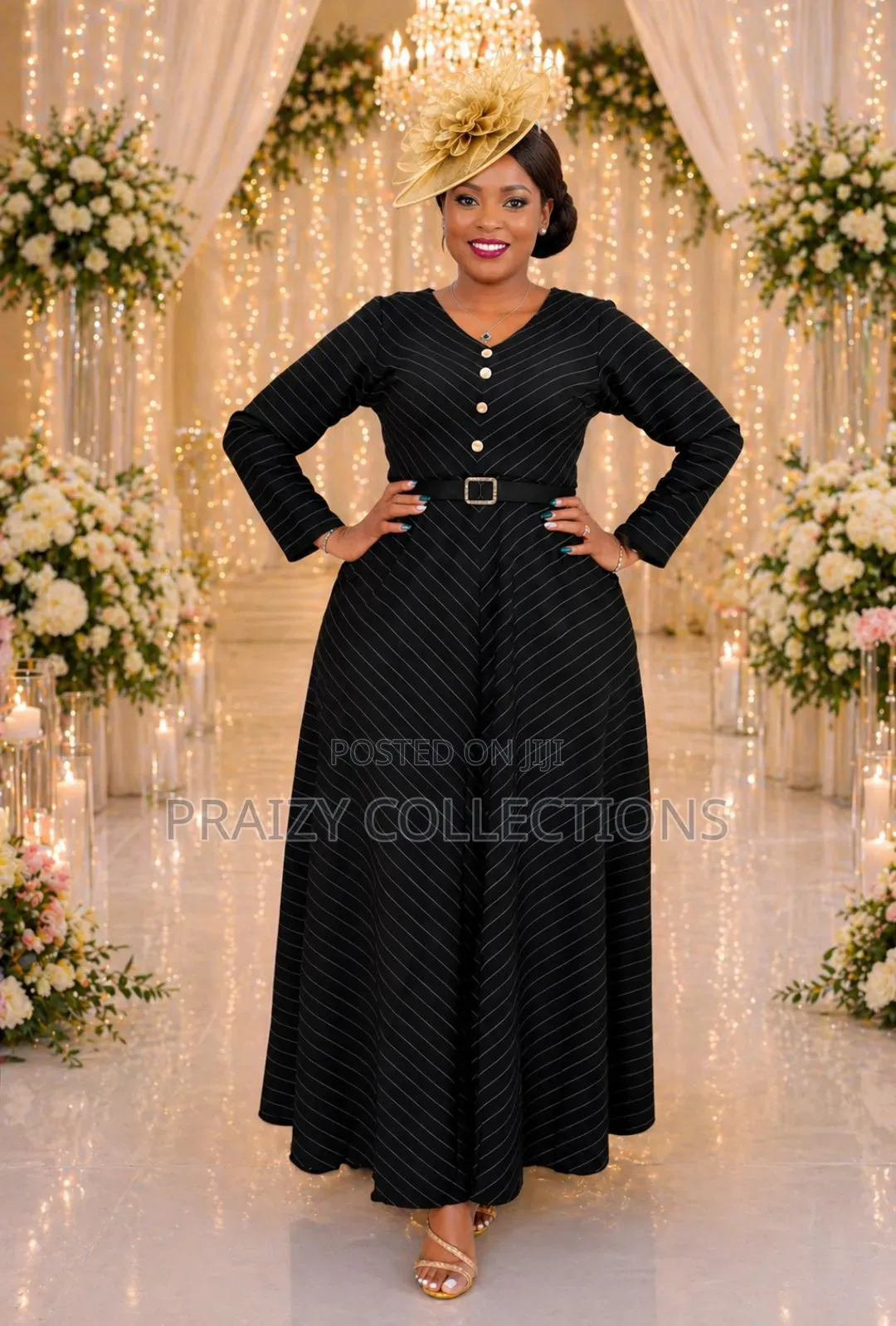 Inverted Striped Maxi Dress With Decor Buttons