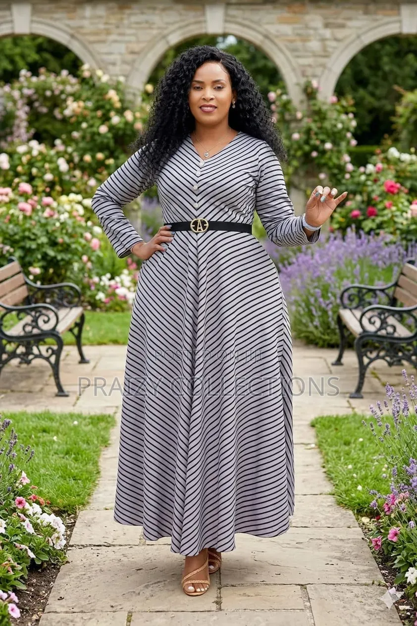 Inverted Striped Maxi Dress With Decor Buttons