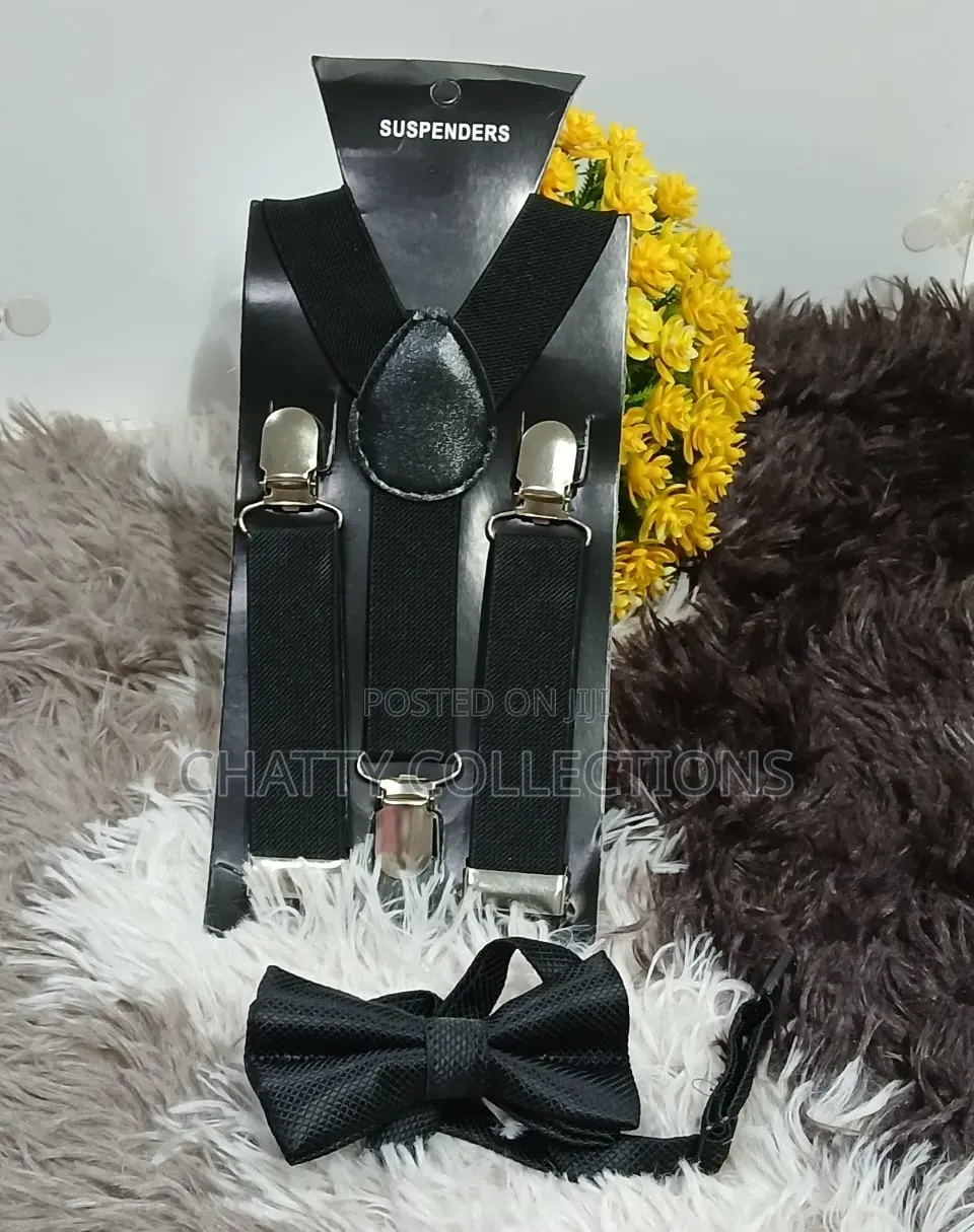 Black Unisex 2 in 1 Adults / Kids Suspender With Bow Ties