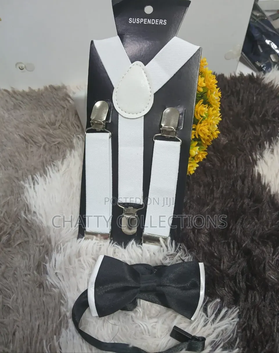 White Black Unisex 2 in 1 Adults / Kids Suspender With Bow Ties