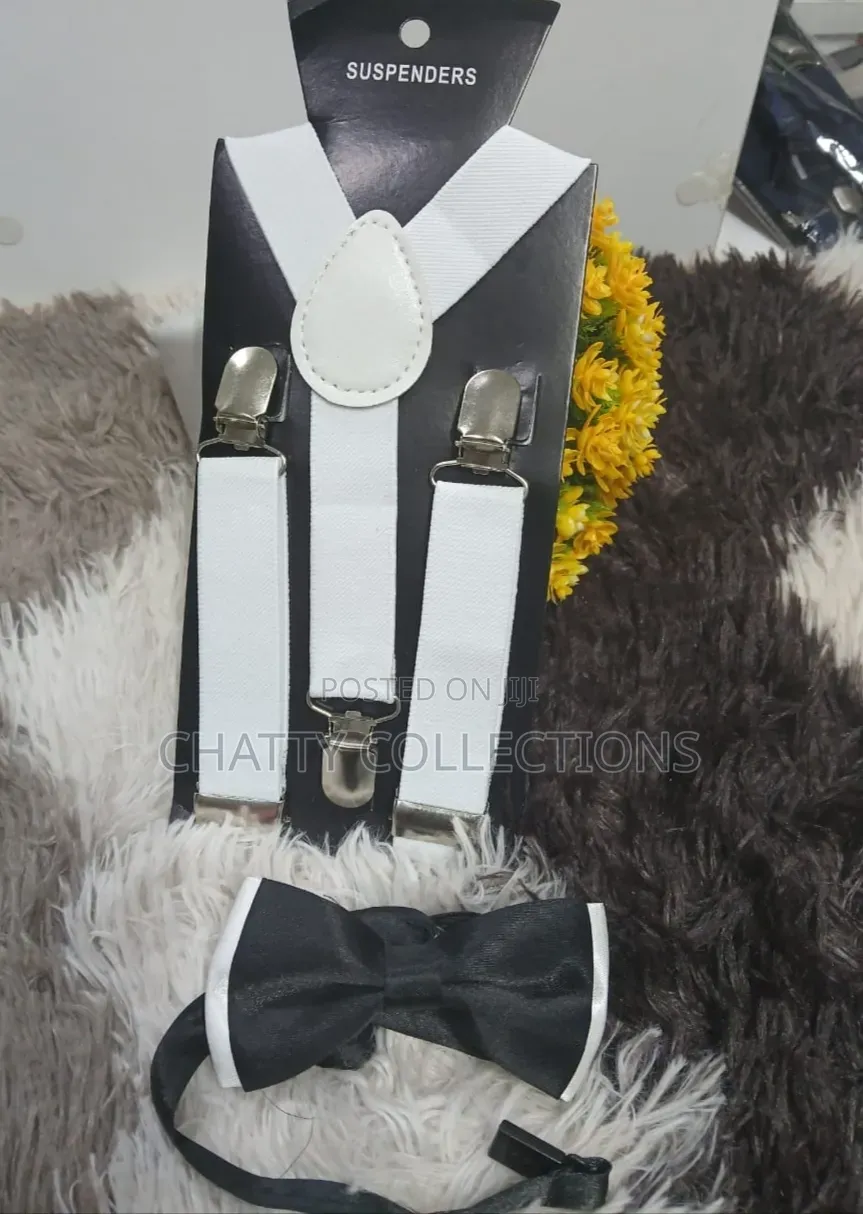 White Black Unisex 2 in 1 Adults / Kids Suspender With Bow Ties