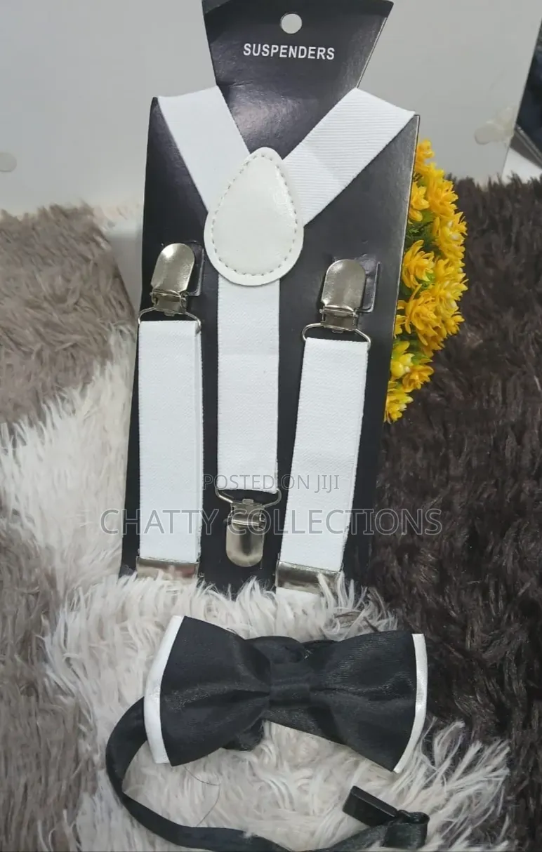 White Black Unisex 2 in 1 Adults / Kids Suspender With Bow Ties