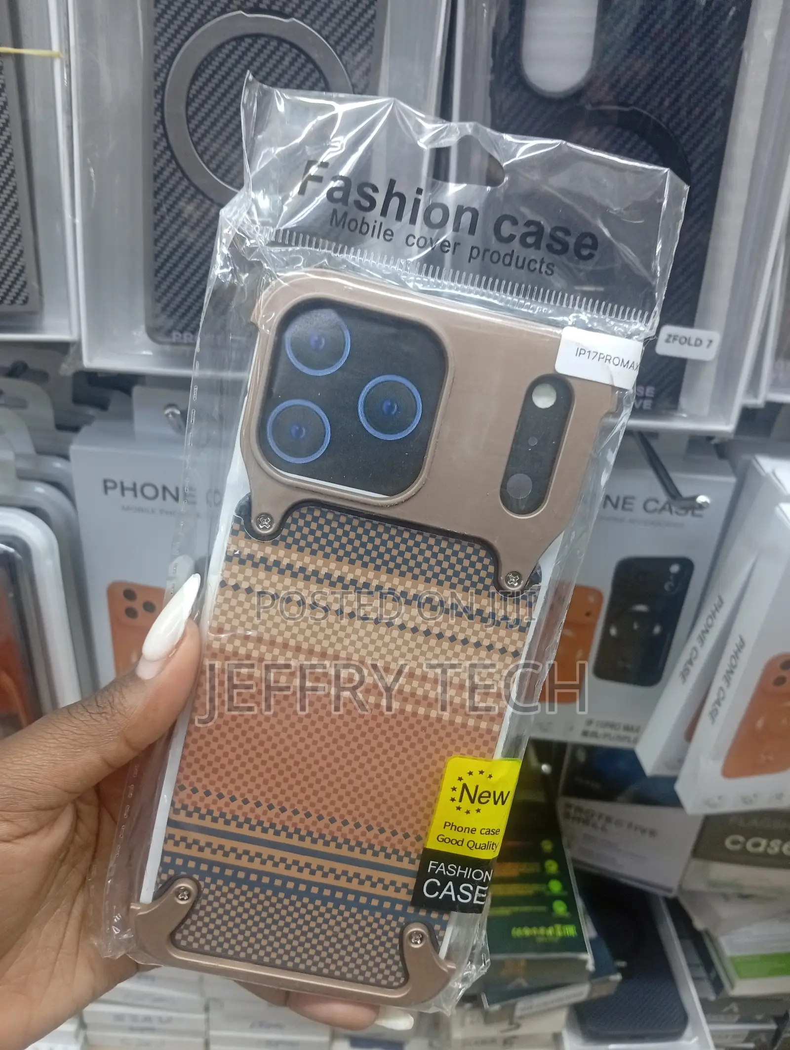 Champagne Gold and Blue Tribal Pattern Case for an iPhone 17 Pro Max.