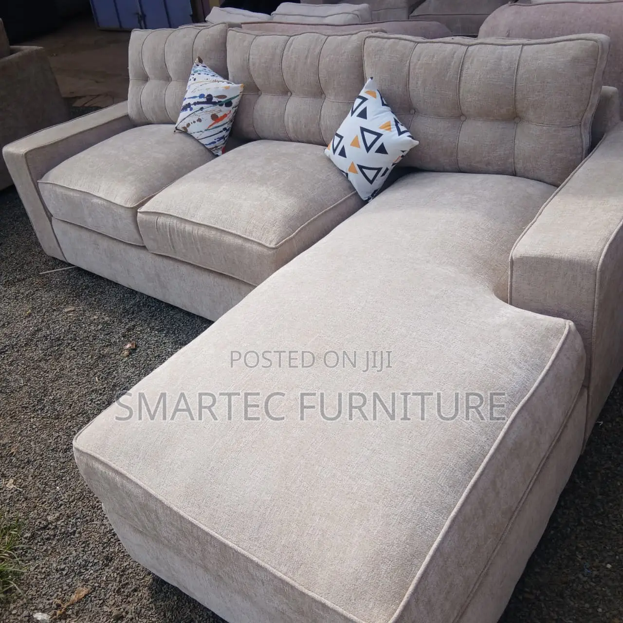 6 Seater Beige Tufted Sectional L Shaped Sofa.
