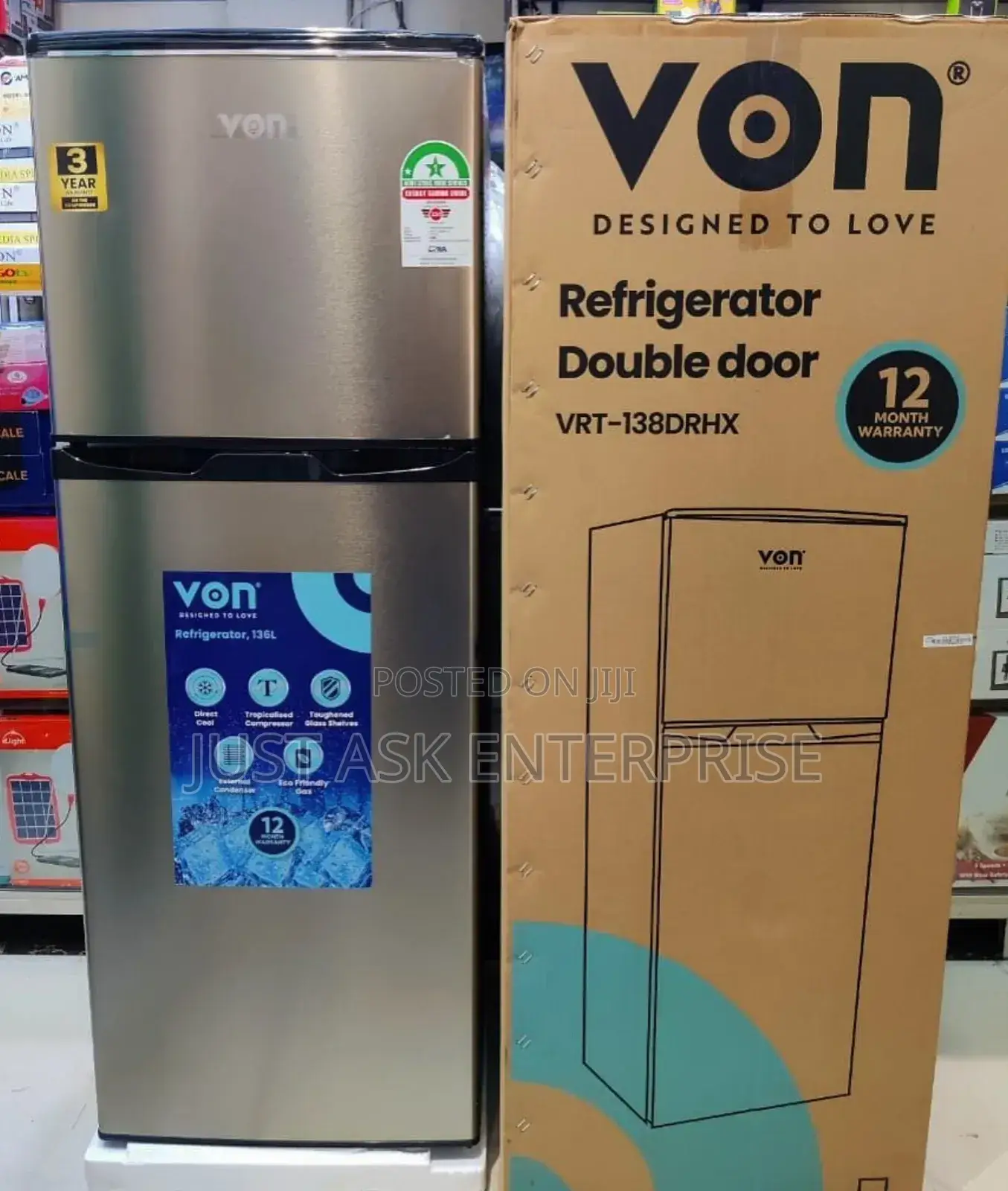 Von 138 Litres Double Door Fridge - Silver Color Top Freezer