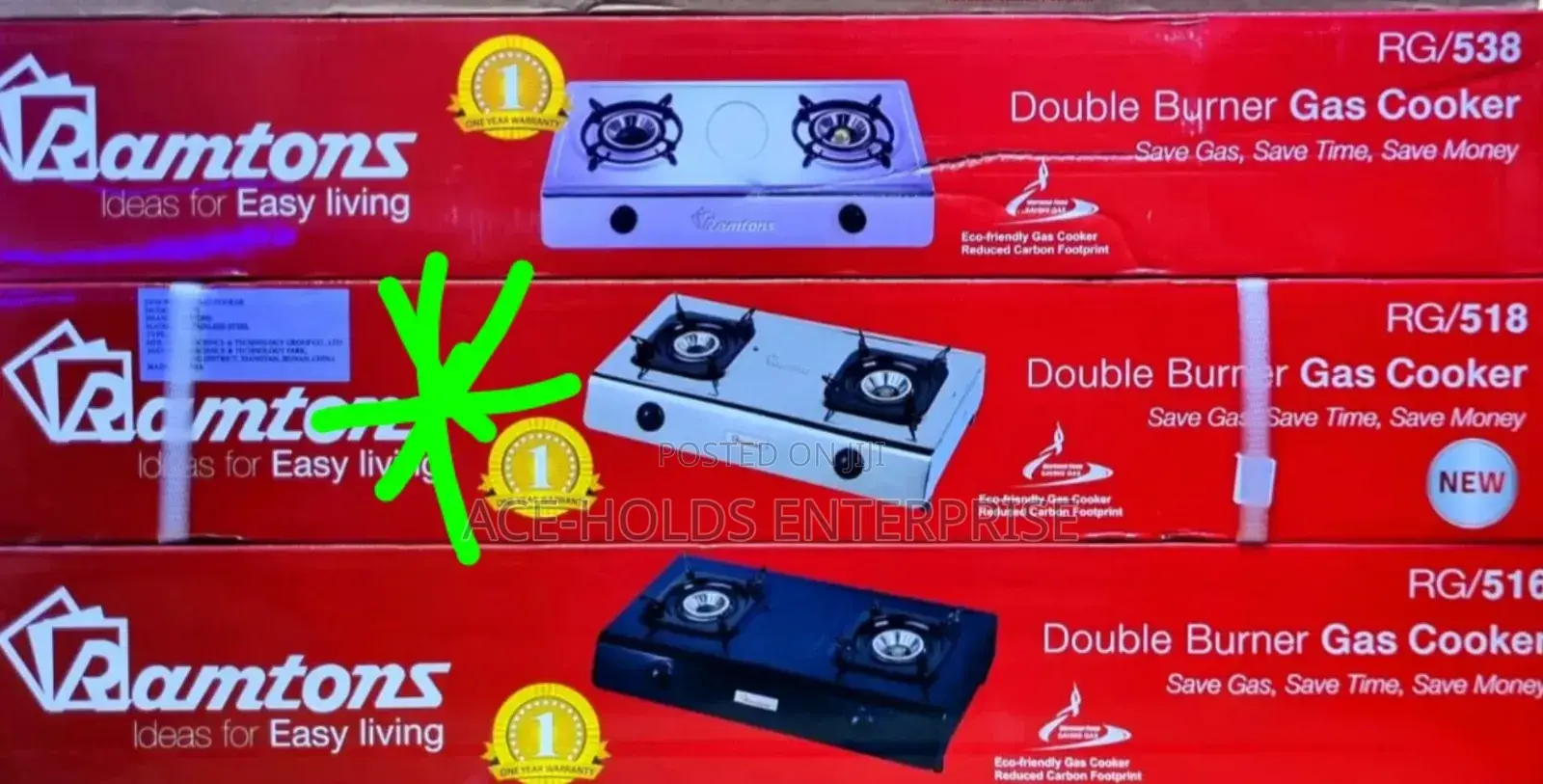 2 Burner (Rg/518) Ramtons Gas Stove Cooker Stainless - New