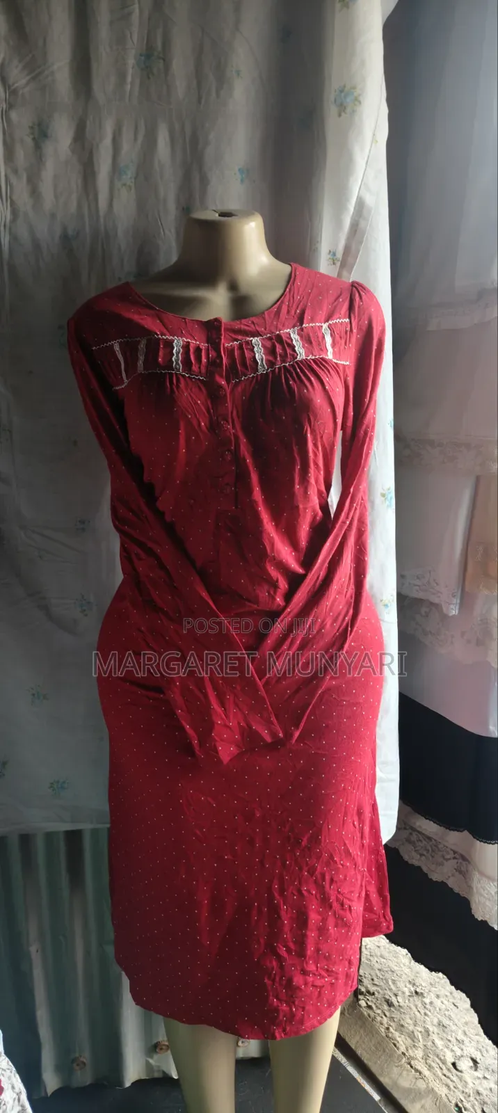 Light Blue and Red Long Sleeve Nightdress