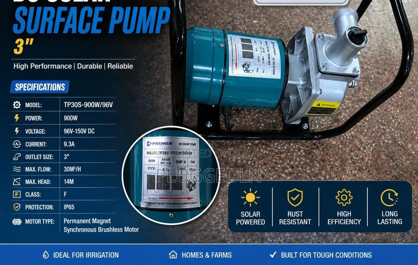 Premier Dc Solar Surface Pump 900w 30 Cubic Meters Per Hour.