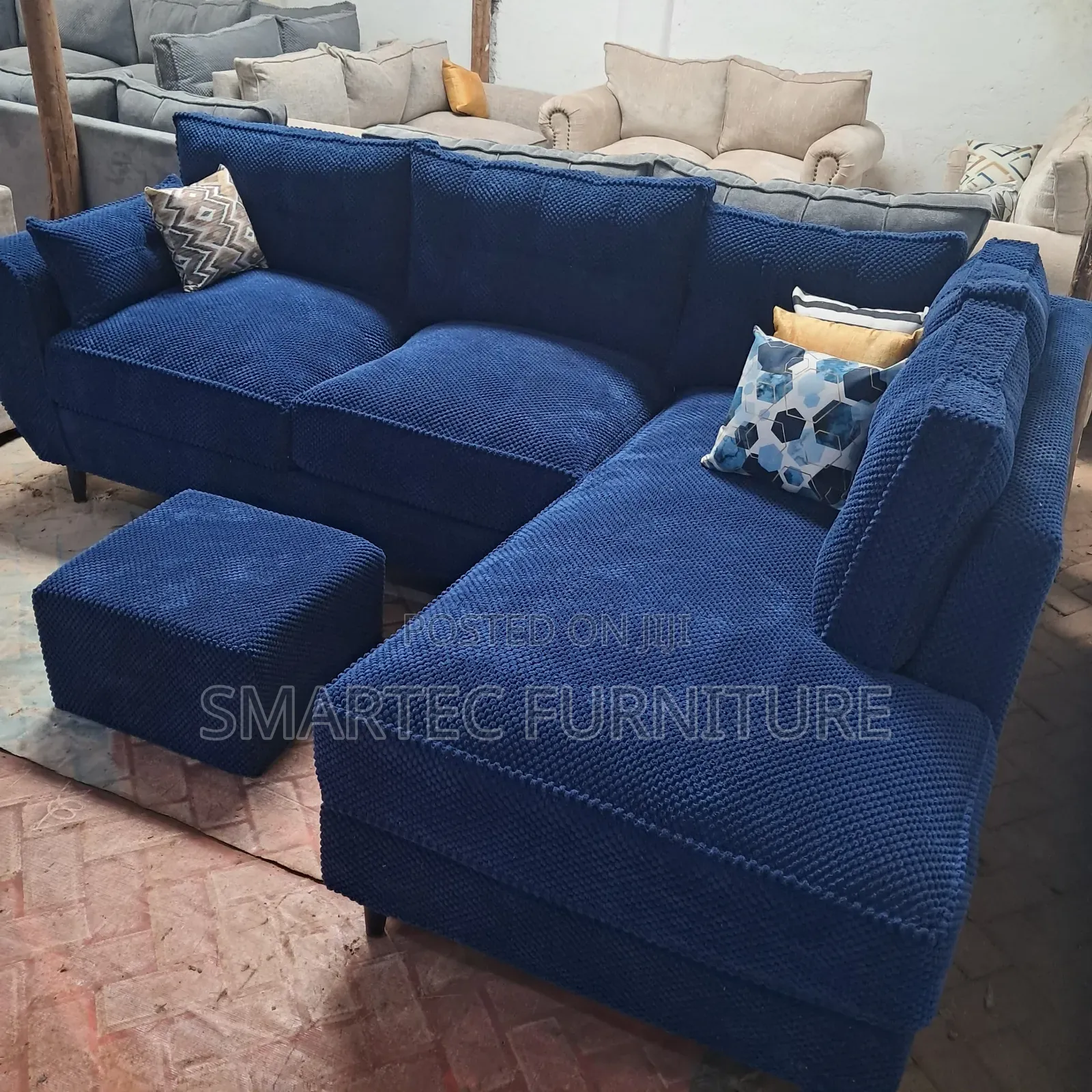 6 Seater Dark Blue L Seat Sofa.