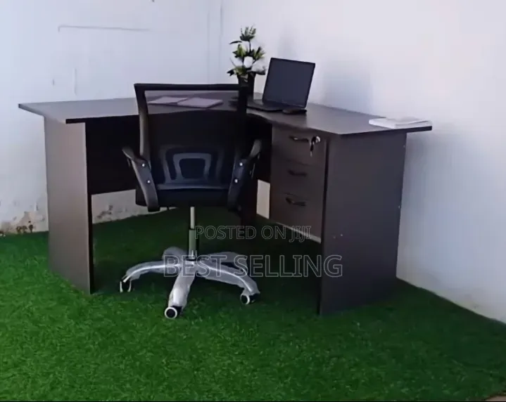 Premium Gray L Shape Office Desk and Mesh Chair