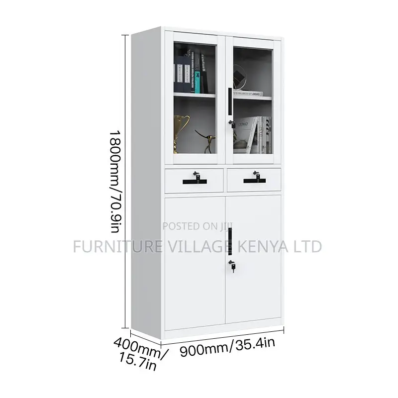 2-Door Half Glass Lockable Cabinet With Drawers