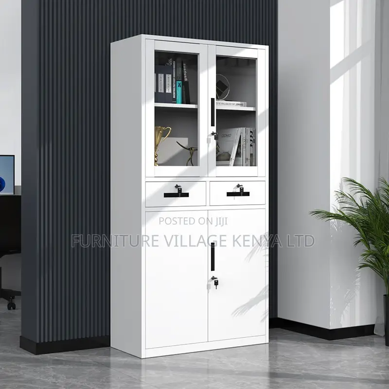 2-Door Half Glass Lockable Cabinet With Drawers