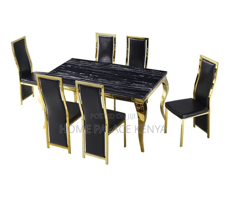 Dining Set: Marble Top Dining Table With Black Pu Leather Chairs