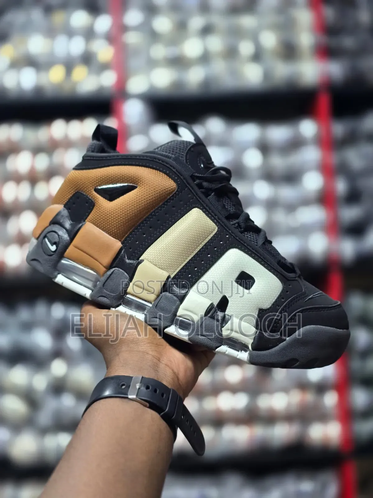 Nike Air More Uptempo Low Sneakers in a Black and Gum Medium Brown