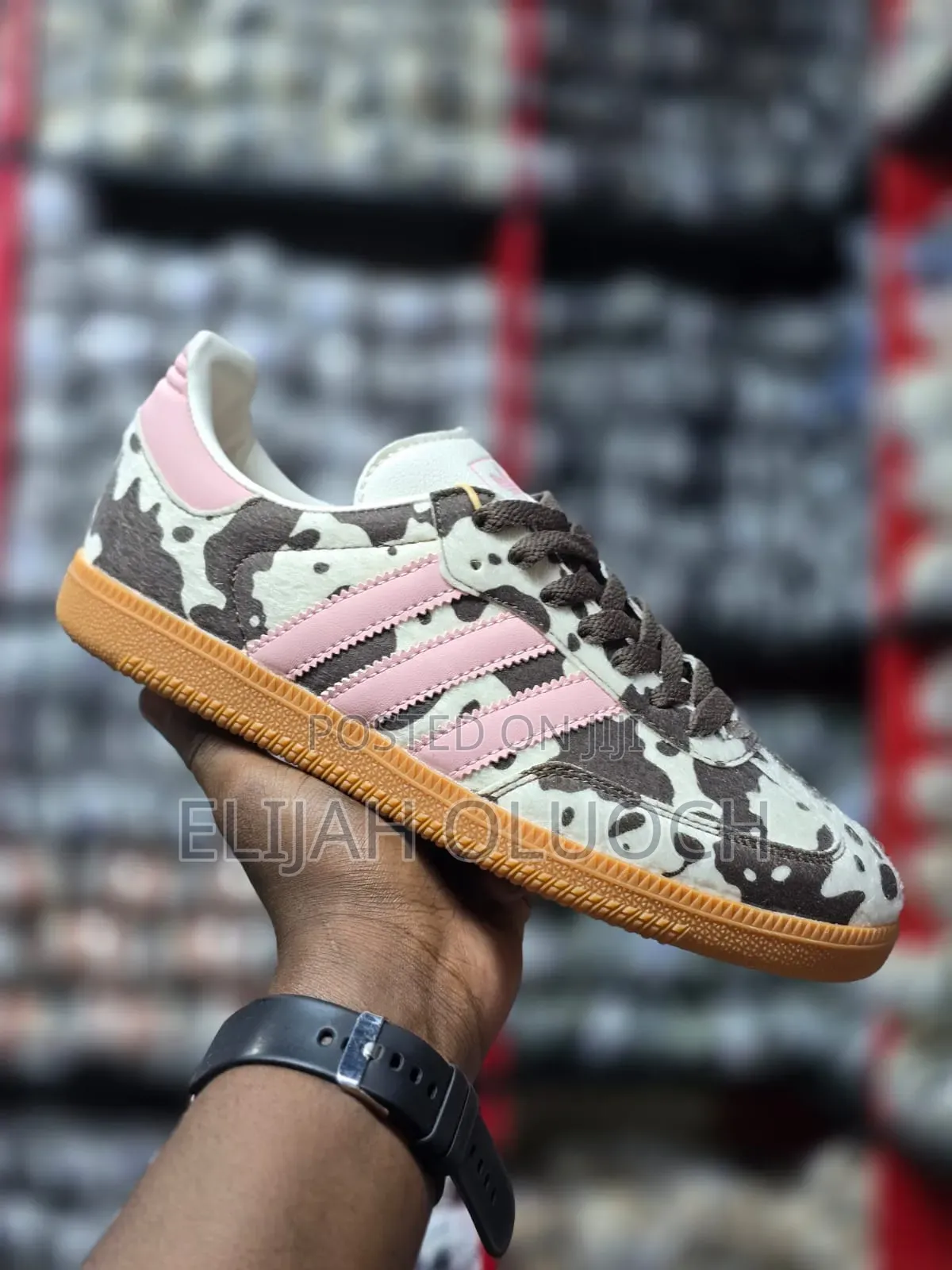 Adidas Samba Og Cow Print Sneakers in Dark Brown, White, and Pink.