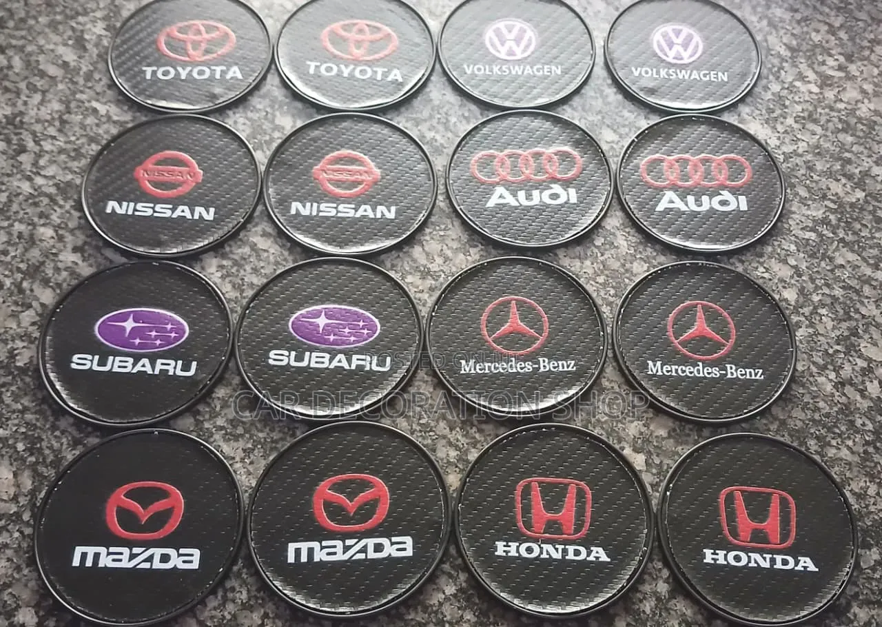 2pc Decorative Carbon Fiber Style Inserts Branded Car Logo Coasters