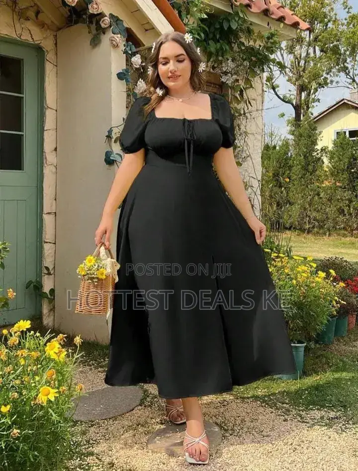 Plus Size Solid Scoop Neck Puff Sleeve Split Thigh Midi Dress
