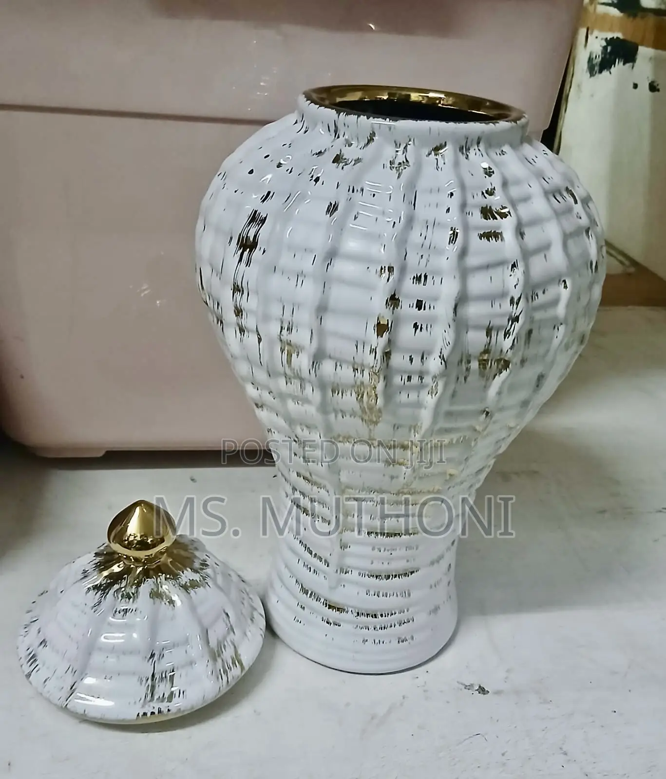 White Ceramic Ginger Jar Vase With Gold-Plated Detailing