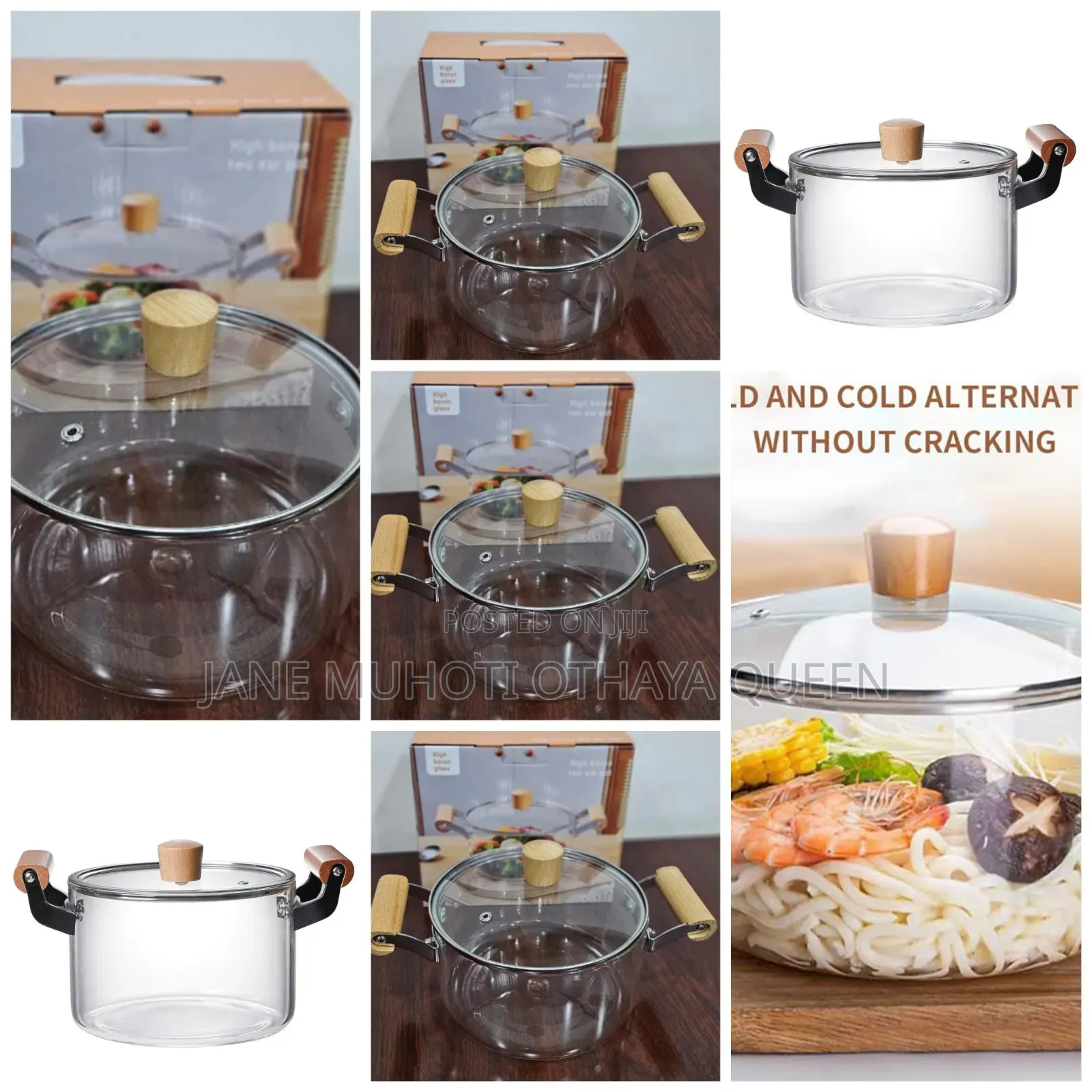 2 Wooden Handle High Boron Heavy Borosilicate Glass Cookware