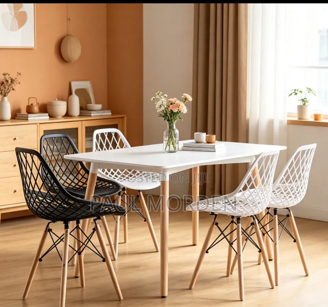 Rectangular White Table With 4 White Eames Chair in Stock