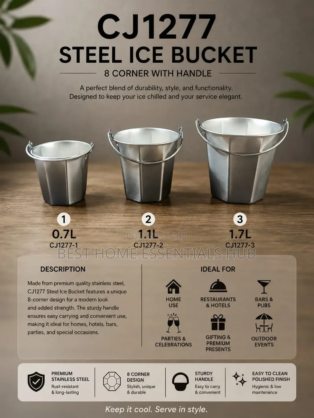 8corner Steel Ice Bucket 0.7l ,1.1l ,1.7l