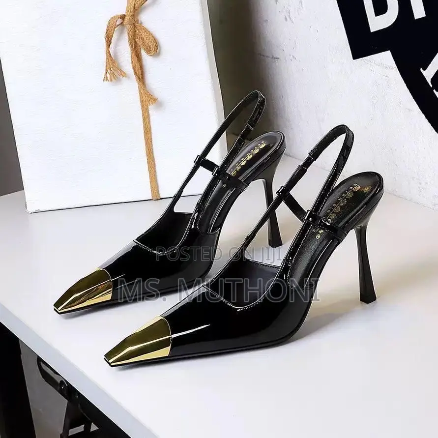 Slingback Heels Featuring a Pointed Toe With a Gold Metal Cap Pumps