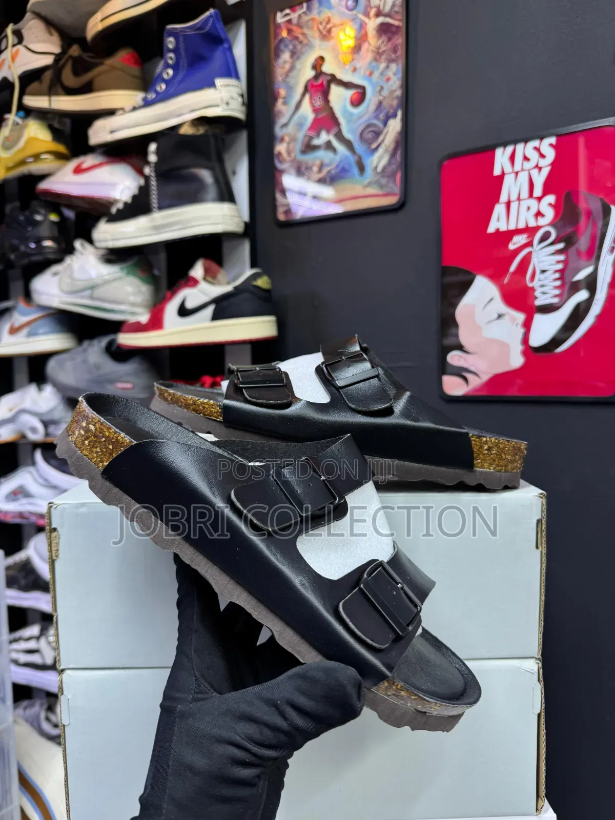 Full Black Leather Buckle Cork Sandals