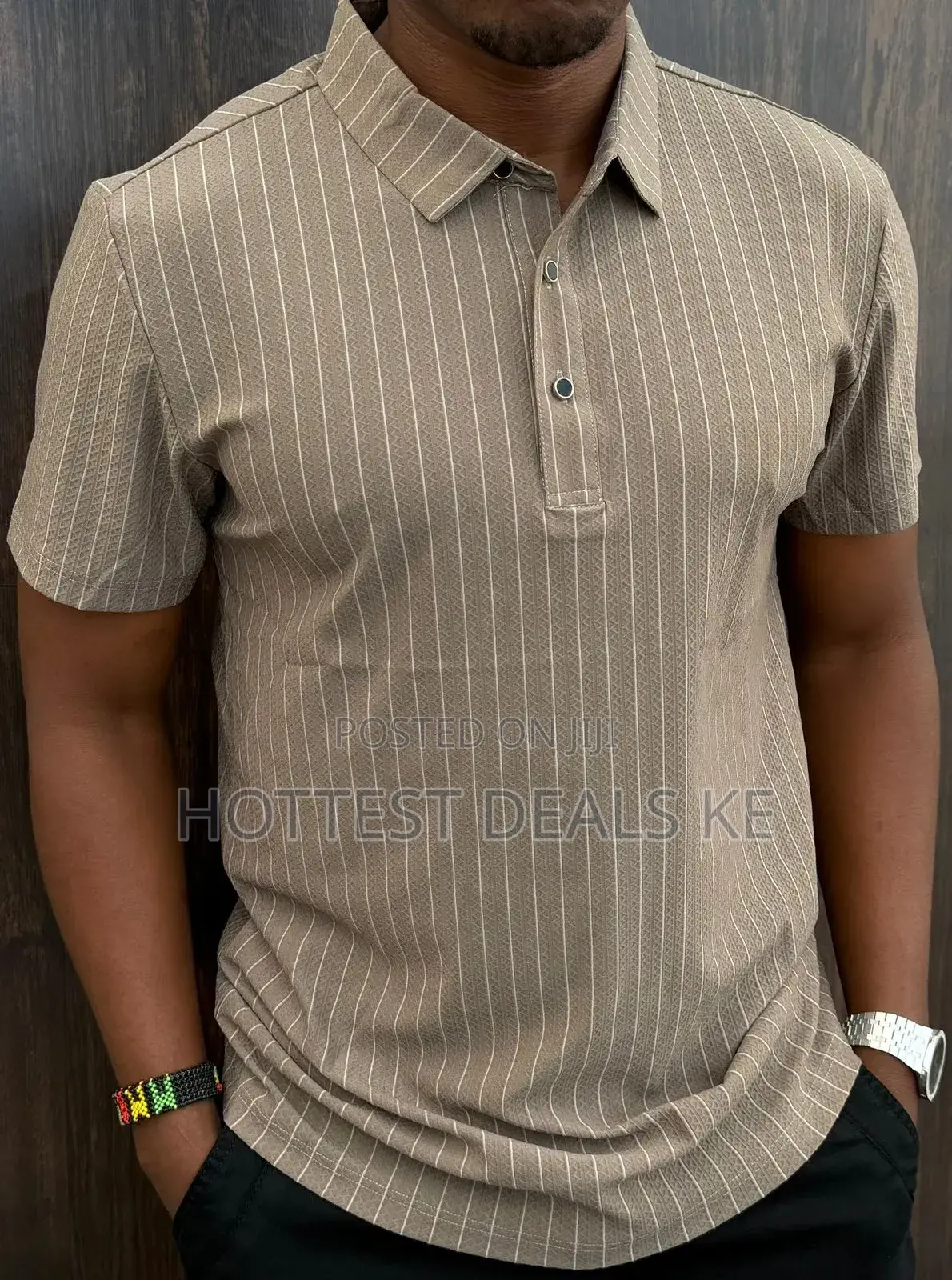 Terracotta-Colored Striped Knitted Polo Shirt With a Slim Fit