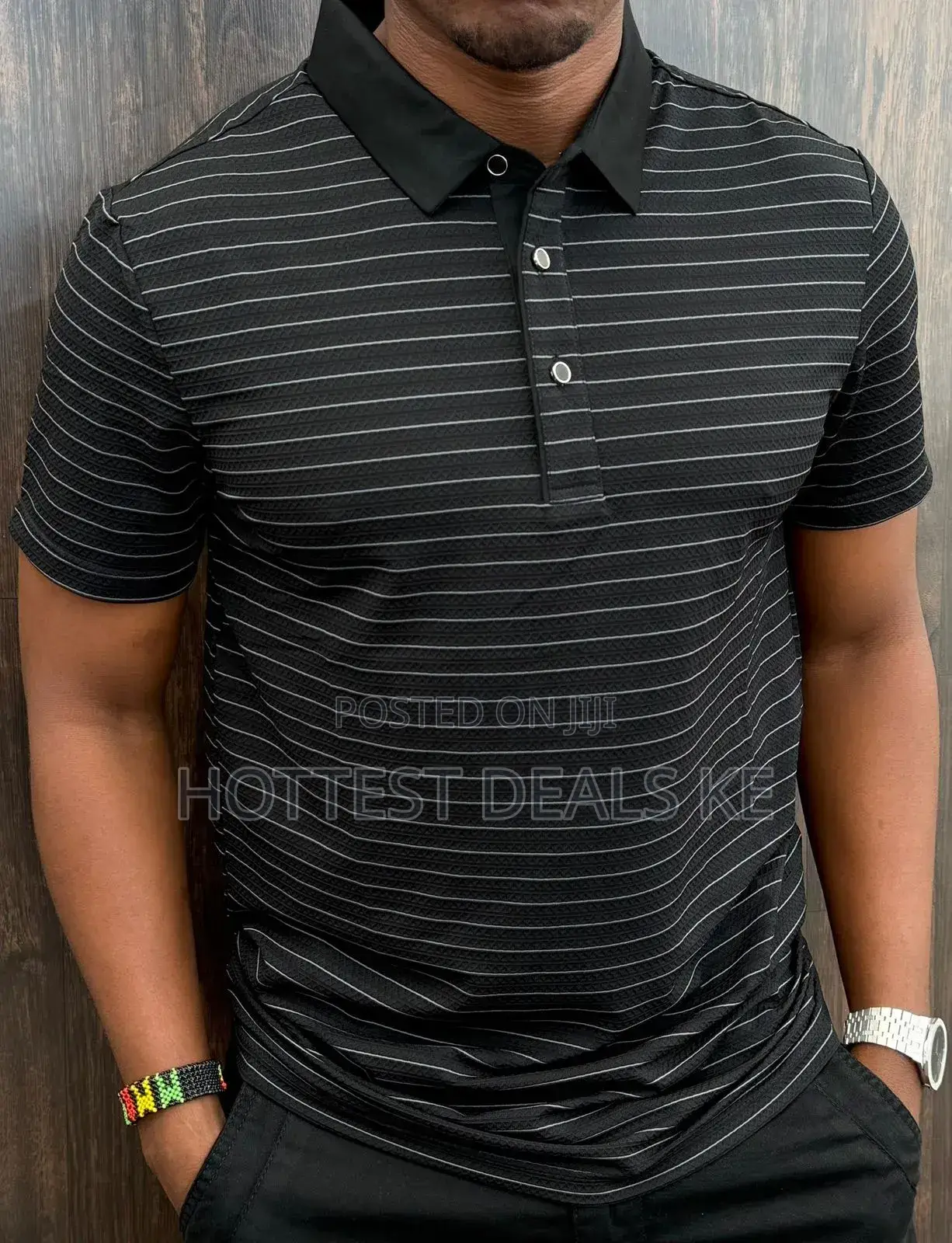 Terracotta-Colored Striped Knitted Polo Shirt With a Slim Fit