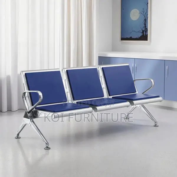 Office Bench:Blue 3-Seater Padded Heavy-Duty Office Waiting Room Bench
