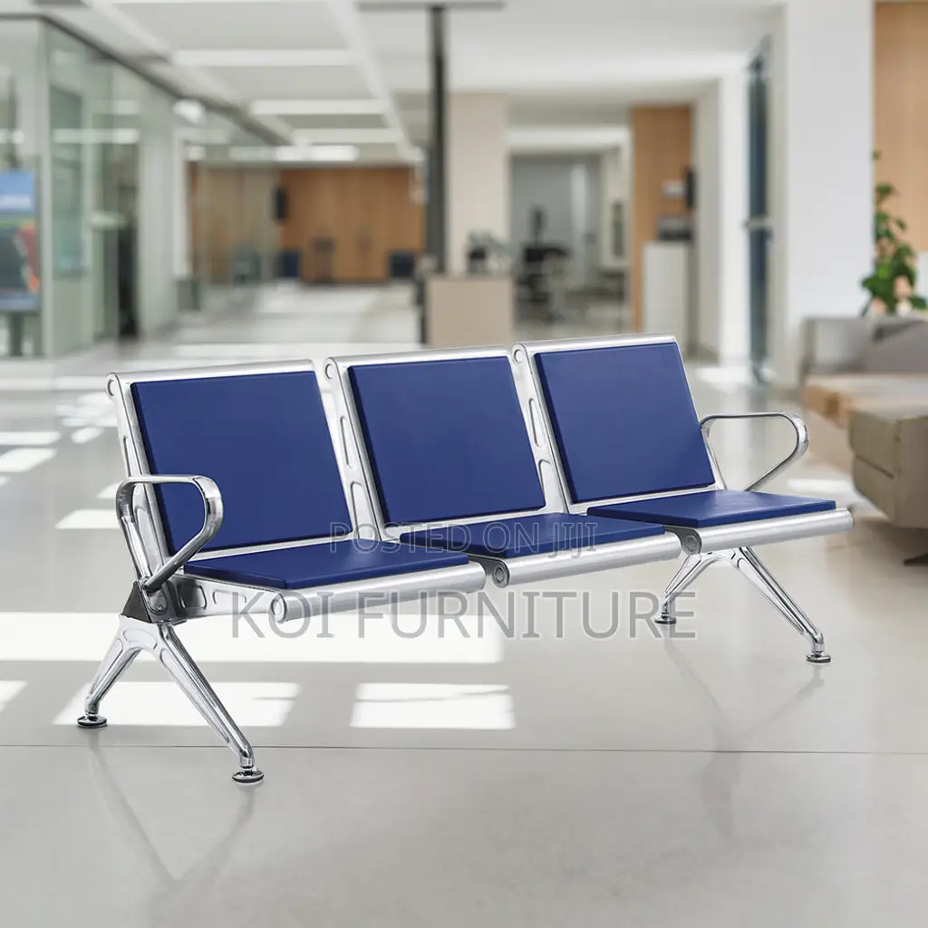 Office Bench:Blue 3-Seater Padded Heavy-Duty Office Waiting Room Bench