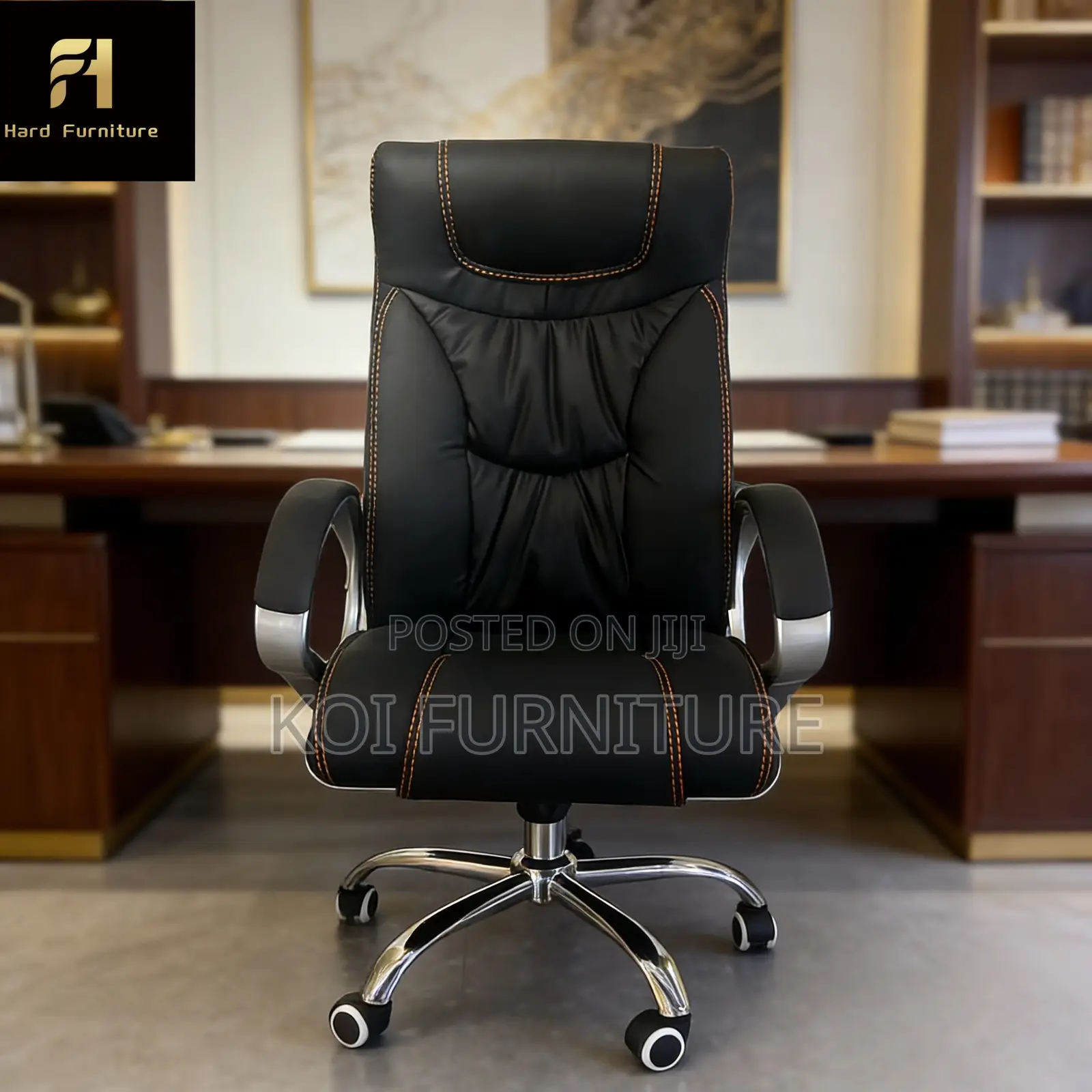 Office Chair : Black High-Back Leather Executive Office Chai