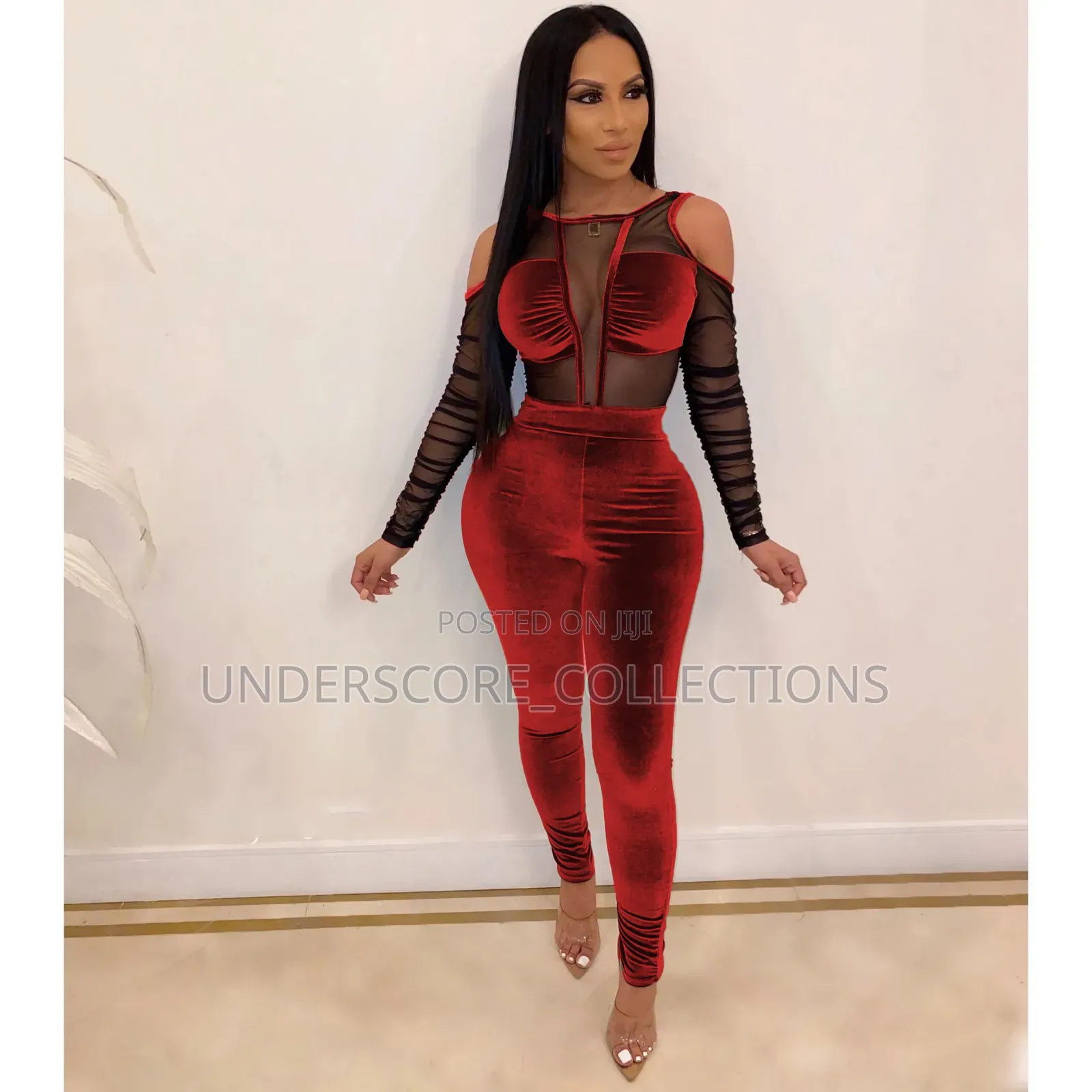 Women's Bodycon Velvet and Sheer Mesh Patchwork Jumpsuit