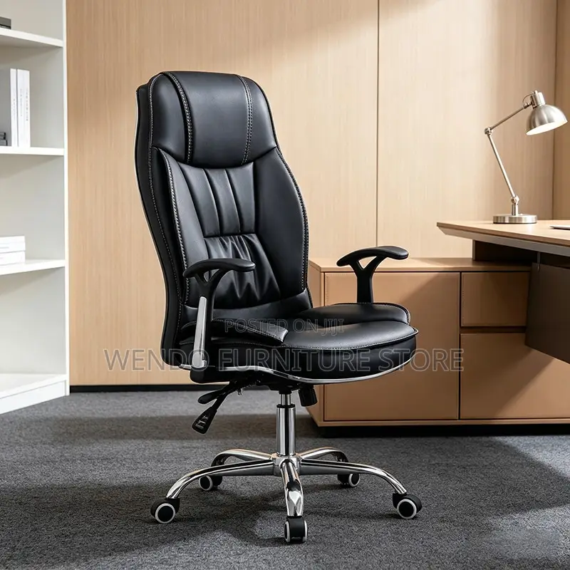 Office Chair: Black High-Back Leather Reclining Executive Office Chair