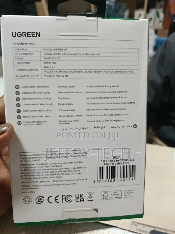 Ugreen Usb 2.0 to Rs232 Db9 Serial Cable Male a Converter Adapter With