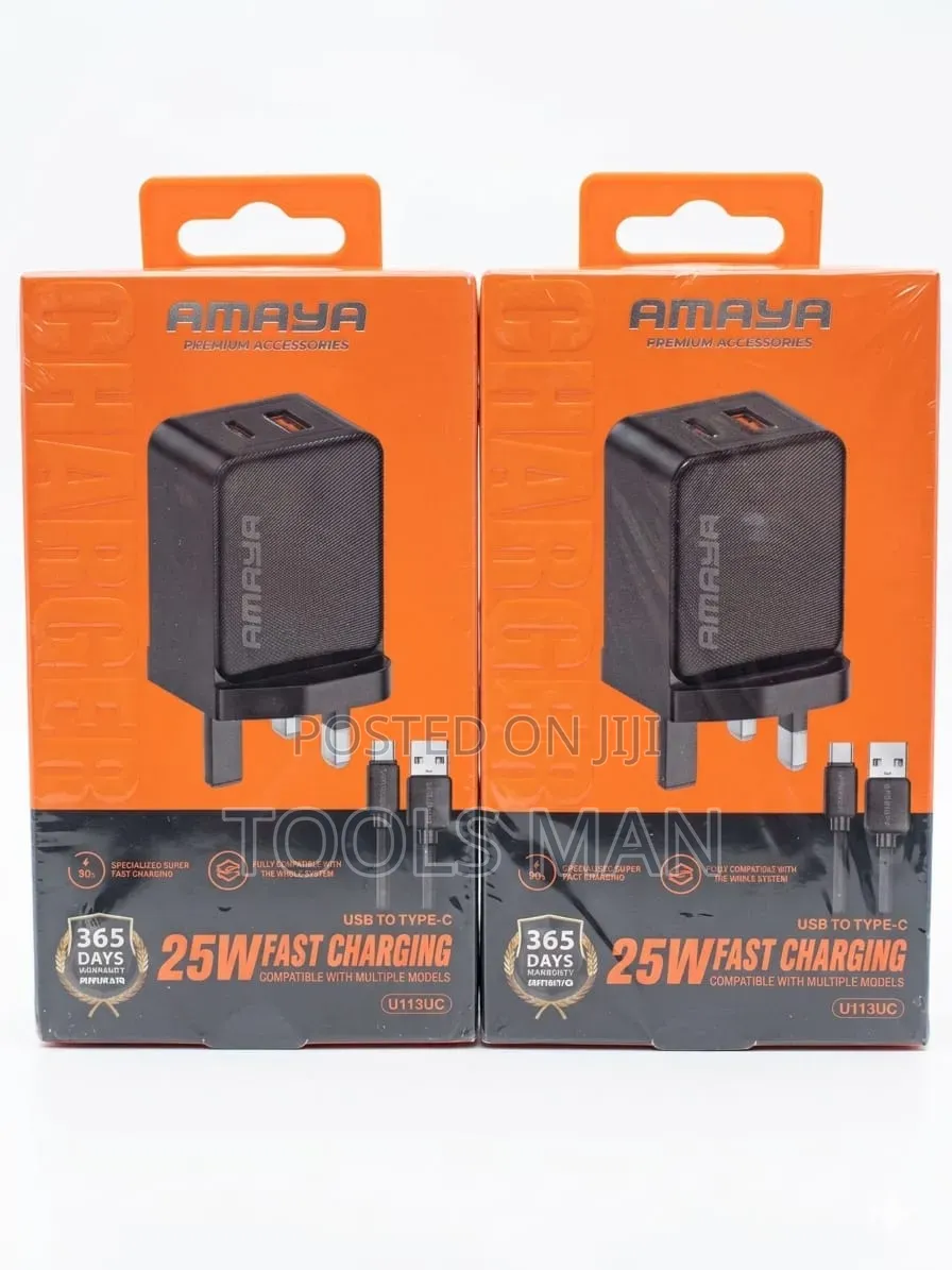 Amaya 25w Fast Charger With Type-C Cable - Dual Port Wall Adapter.