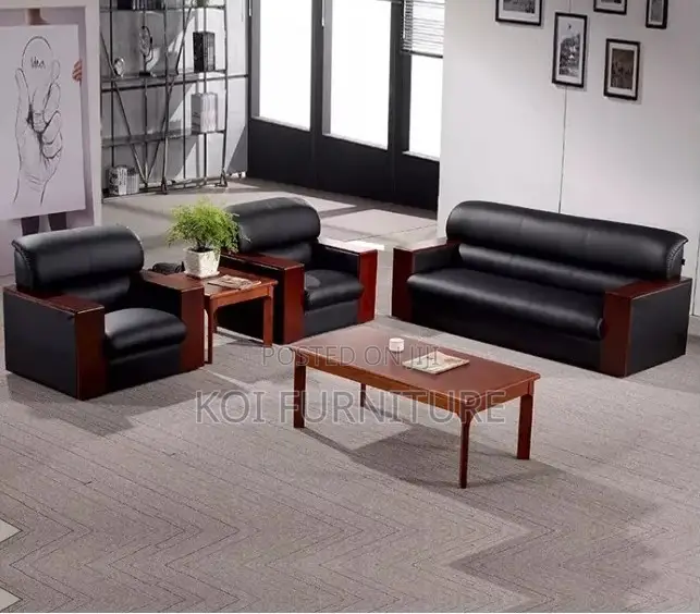 Office Sofa : Contemporary Black Pu Leather Executive Sofa 5 Seater