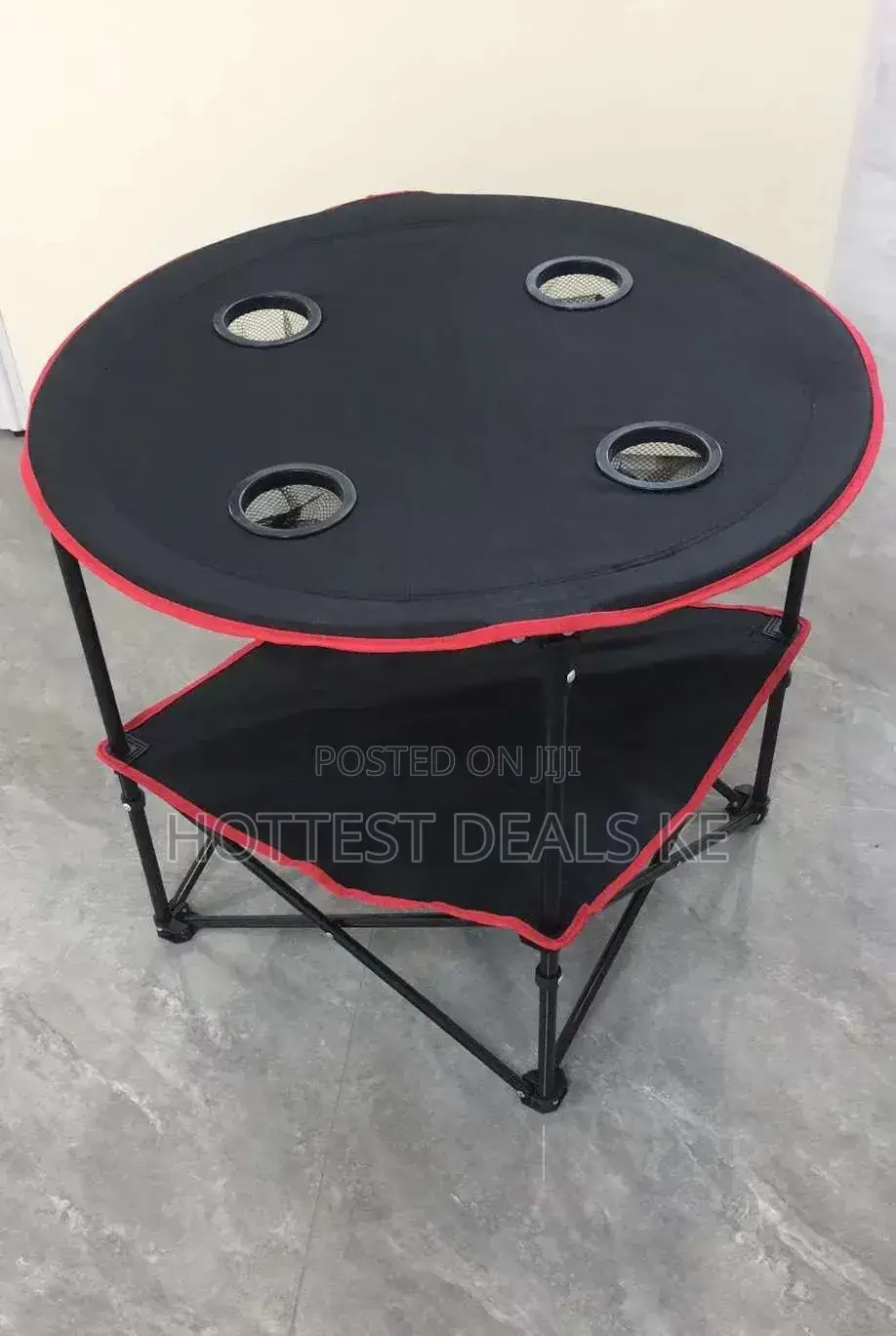 Generic Black Lightweight Foldable Round Camping Table With Red Trim
