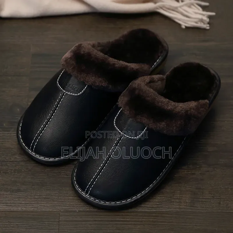 Black Leather Warm Indoor Shoes/Sandals