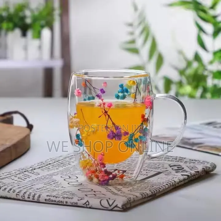 Double Wall Glass Coffee Mug With Colorful Floral Design 350ml