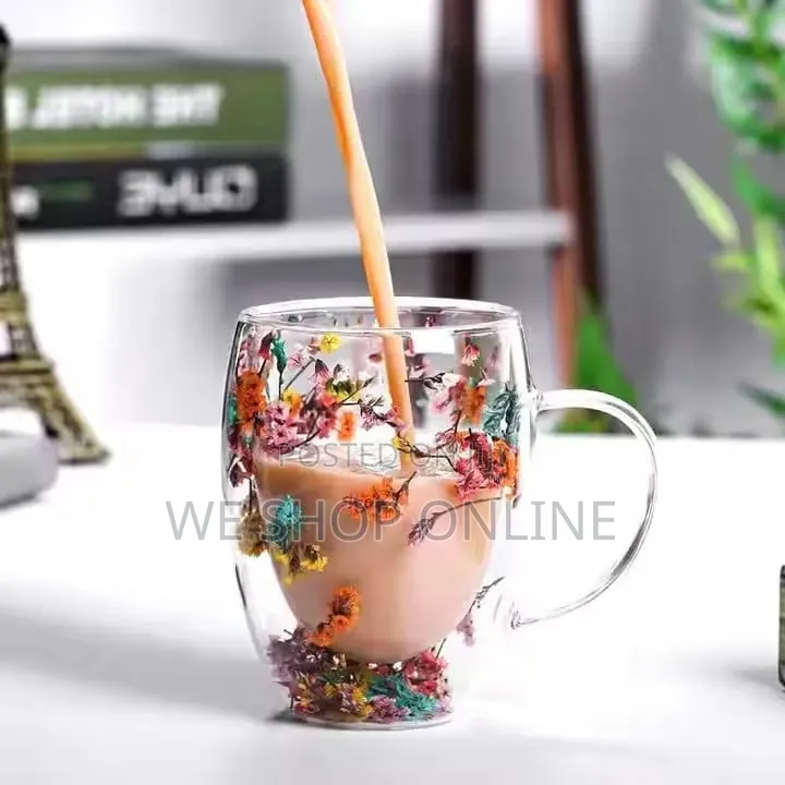 Double Wall Glass Coffee Mug With Colorful Floral Design 350ml