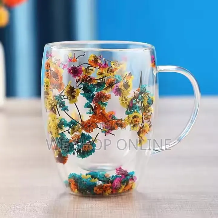 Double Wall Glass Coffee Mug With Colorful Floral Design 350ml