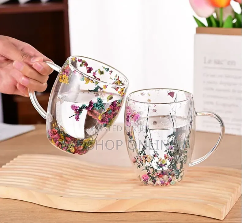 Double Wall Glass Coffee Mug With Colorful Floral Design 350ml