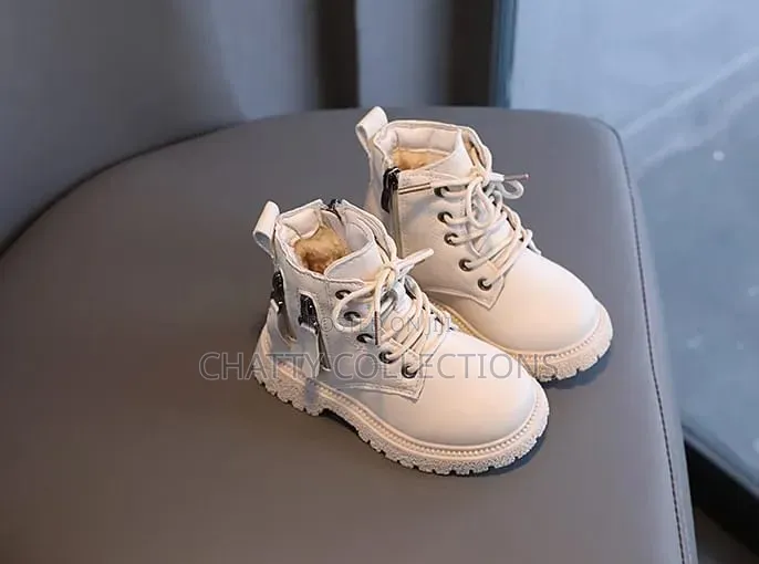 Beige Unisex Kids Leather Boots Size 21 to 30
